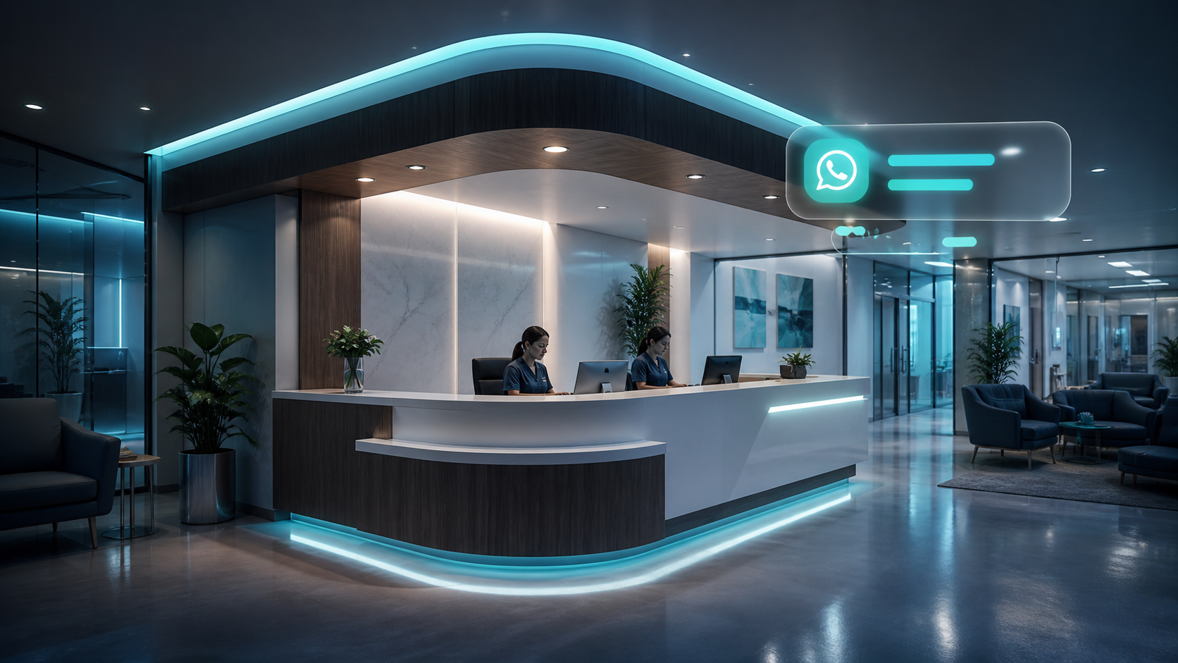 Modern clinic reception with WhatsApp automation card